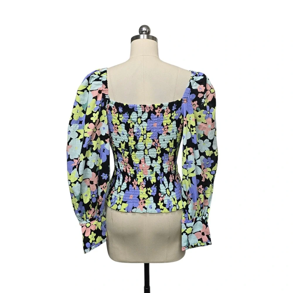 Free‎ People Retro Combo Smocked Puff Sleeve Floral Square Neck Top Size Small